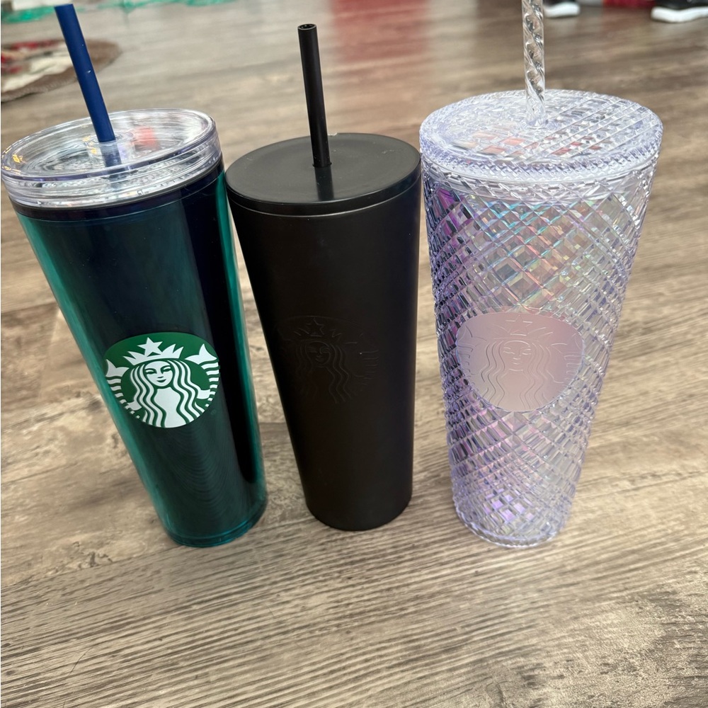 Starbucks Trio: Black, Holographic, and Teal Tumblers